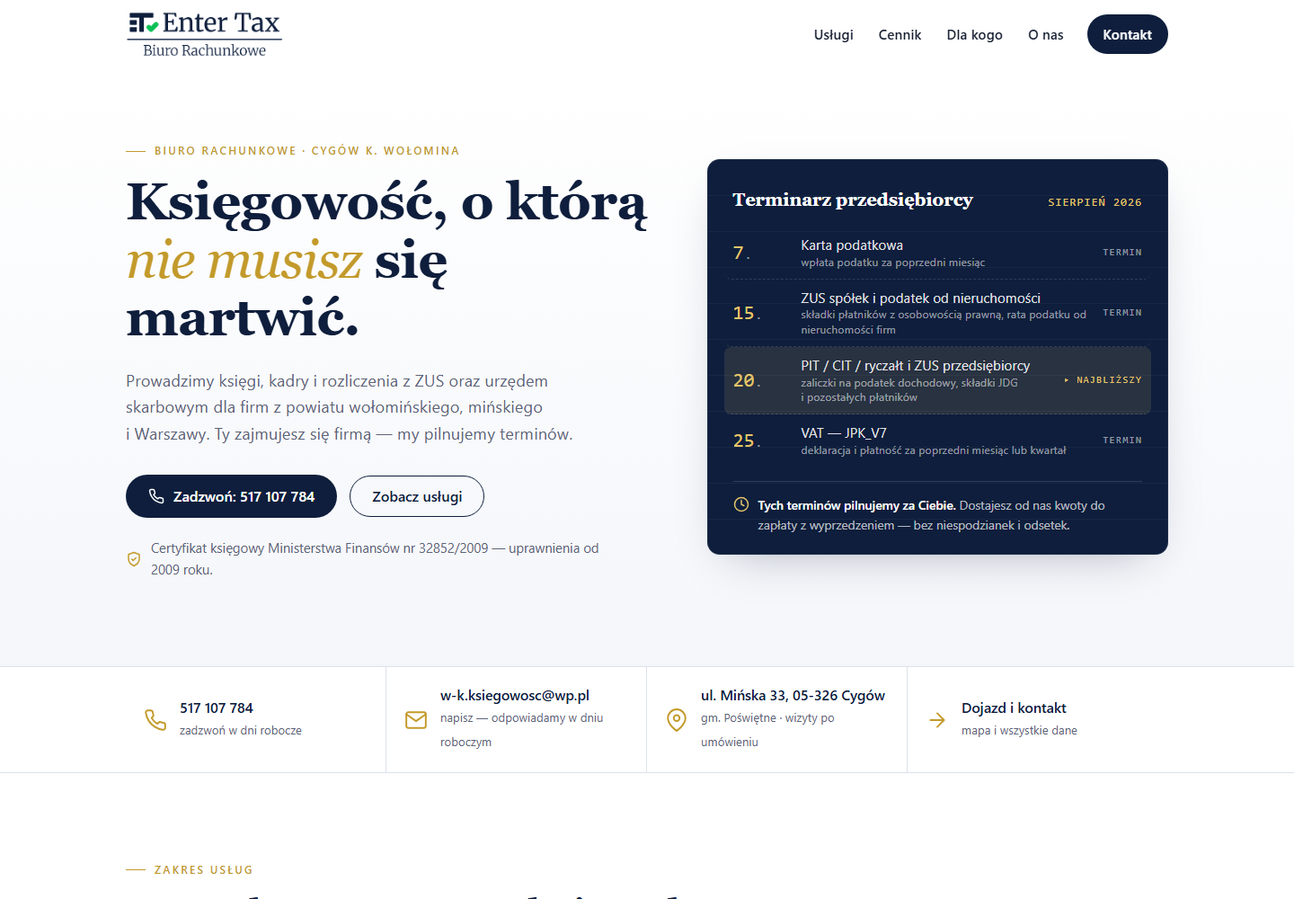 Strona główna Enter Tax na komputerze: hasło „Księgowość, o którą nie musisz się martwić” i granatowa karta z terminarzem przedsiębiorcy
