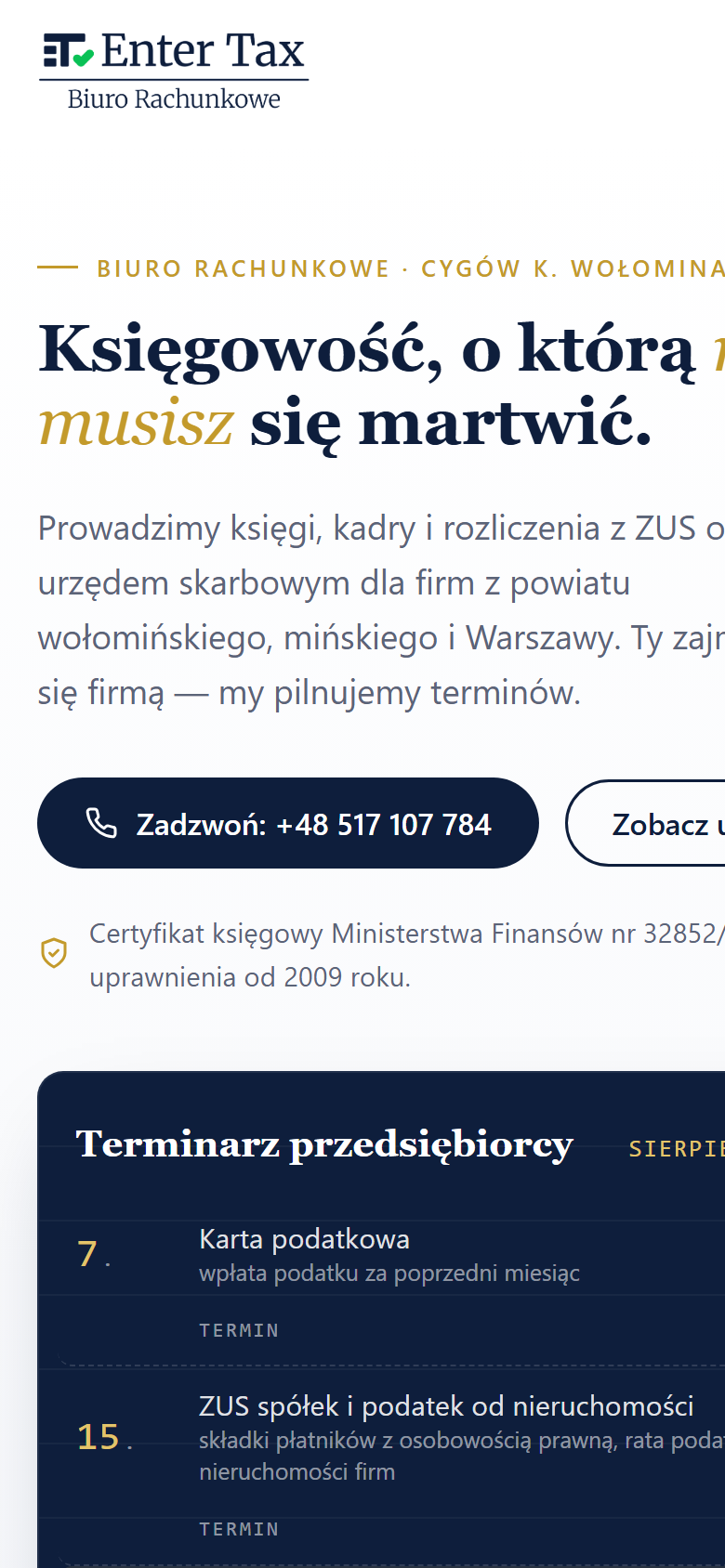 Strona Enter Tax na telefonie